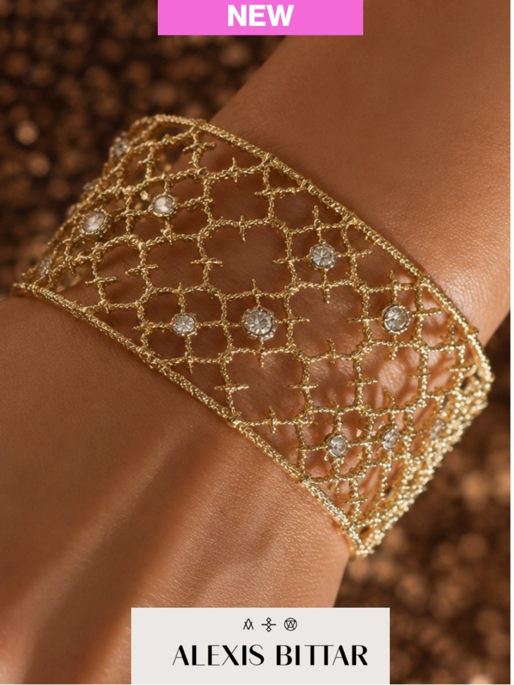 NEW 🌟 14K Gold Cuff Mesh Bracelet by ALEXIS BITTAR, CZ Crystals